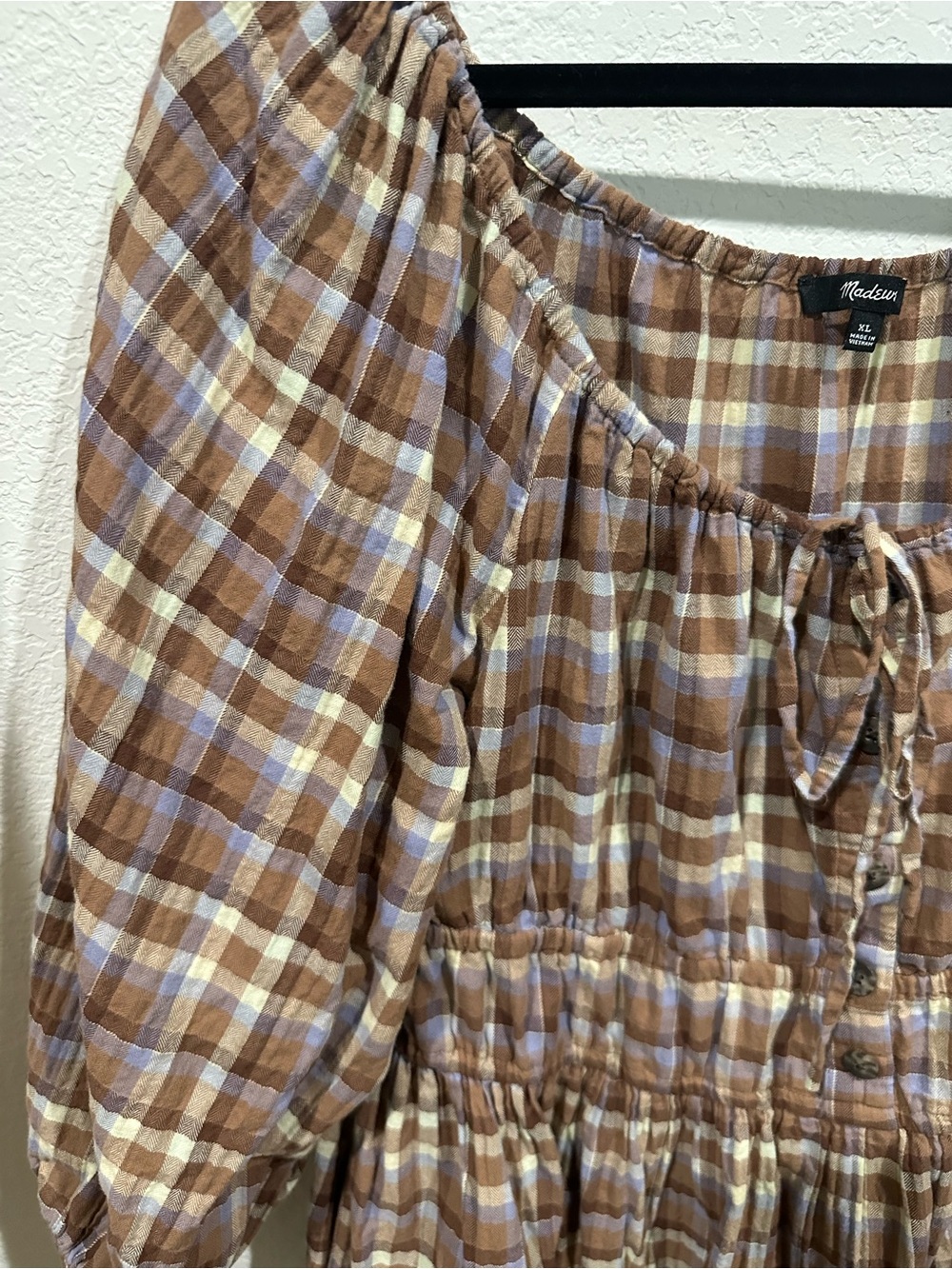 Madewell Brown & Cream Plaid Peasant Dress with Subtle Blue Check - Picture 3 of 6